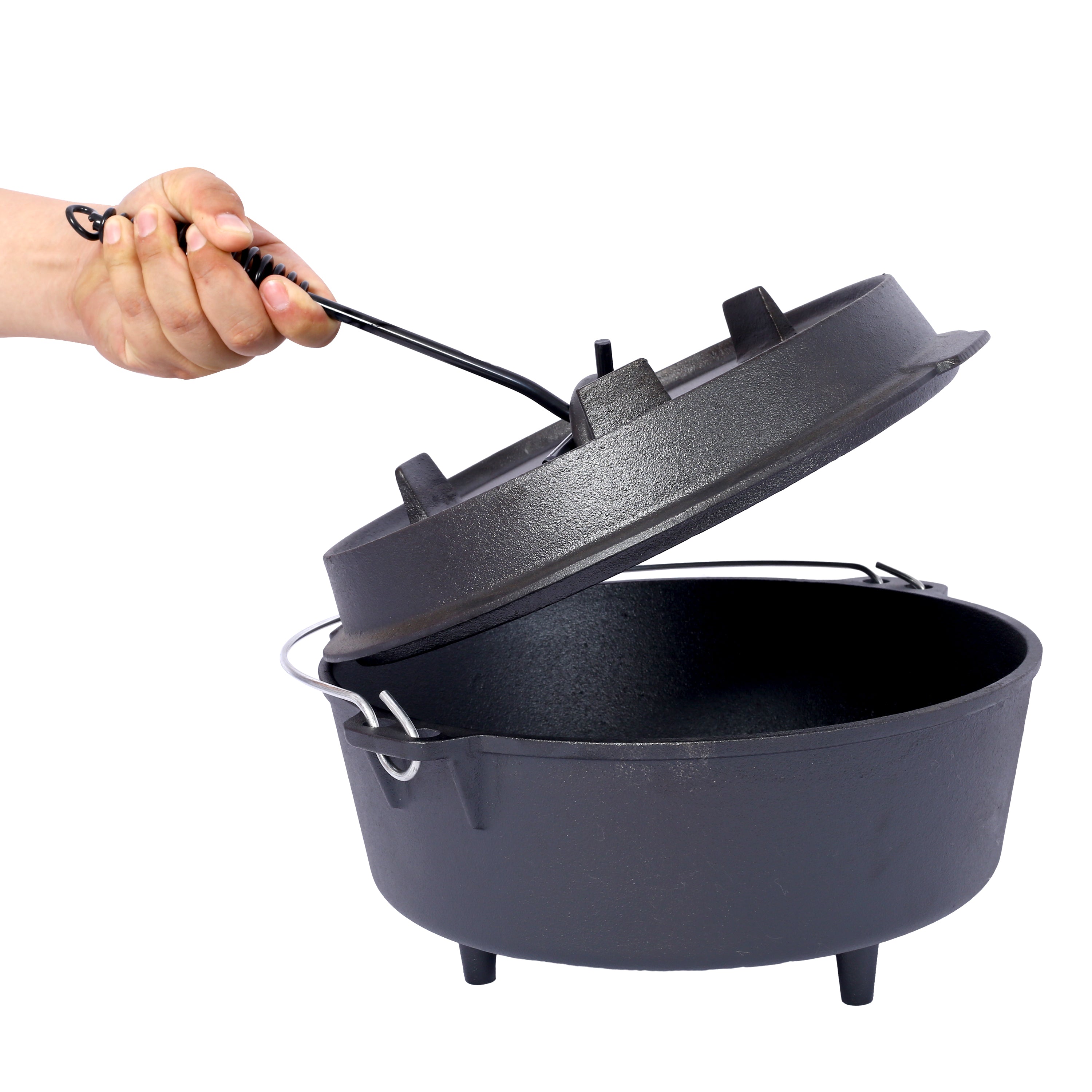 Cast Iron Dutch Oven with Lid, Outdoor Camping Deep Pot for Camping, Cooking, Barbecue and Leg Rest, 12 Quart